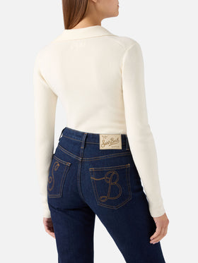 Body in maglia Aelis off white in lana con collo polo