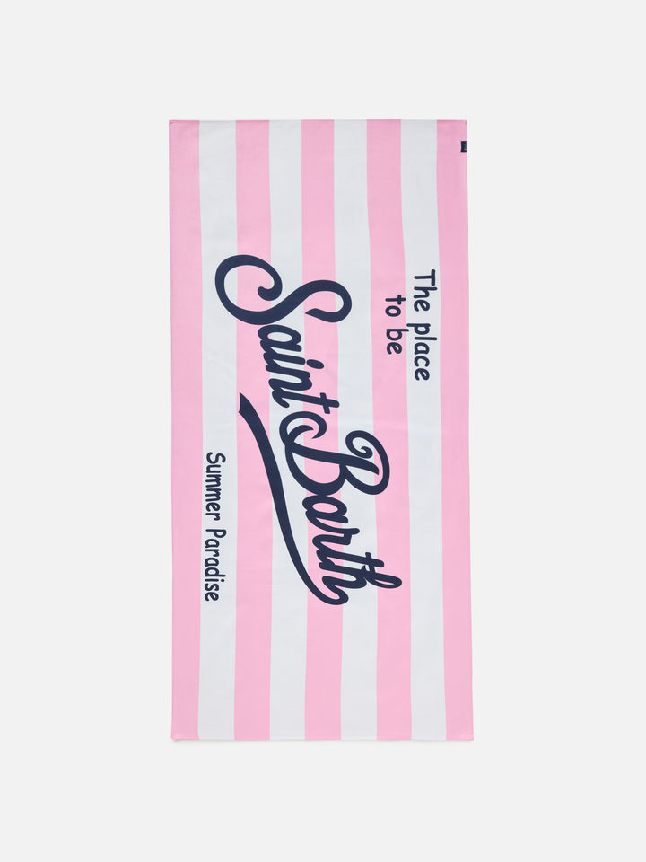 Aidan beach towel with pink and white stripes and logo