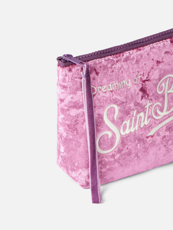 Pink chenille pochette Aline with logo embroidery