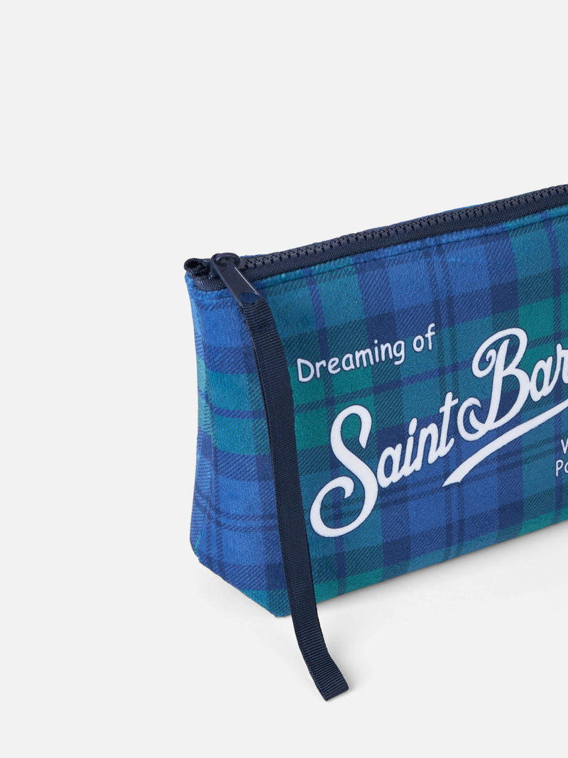 Pochette Aline in lana con stampa tartan blu