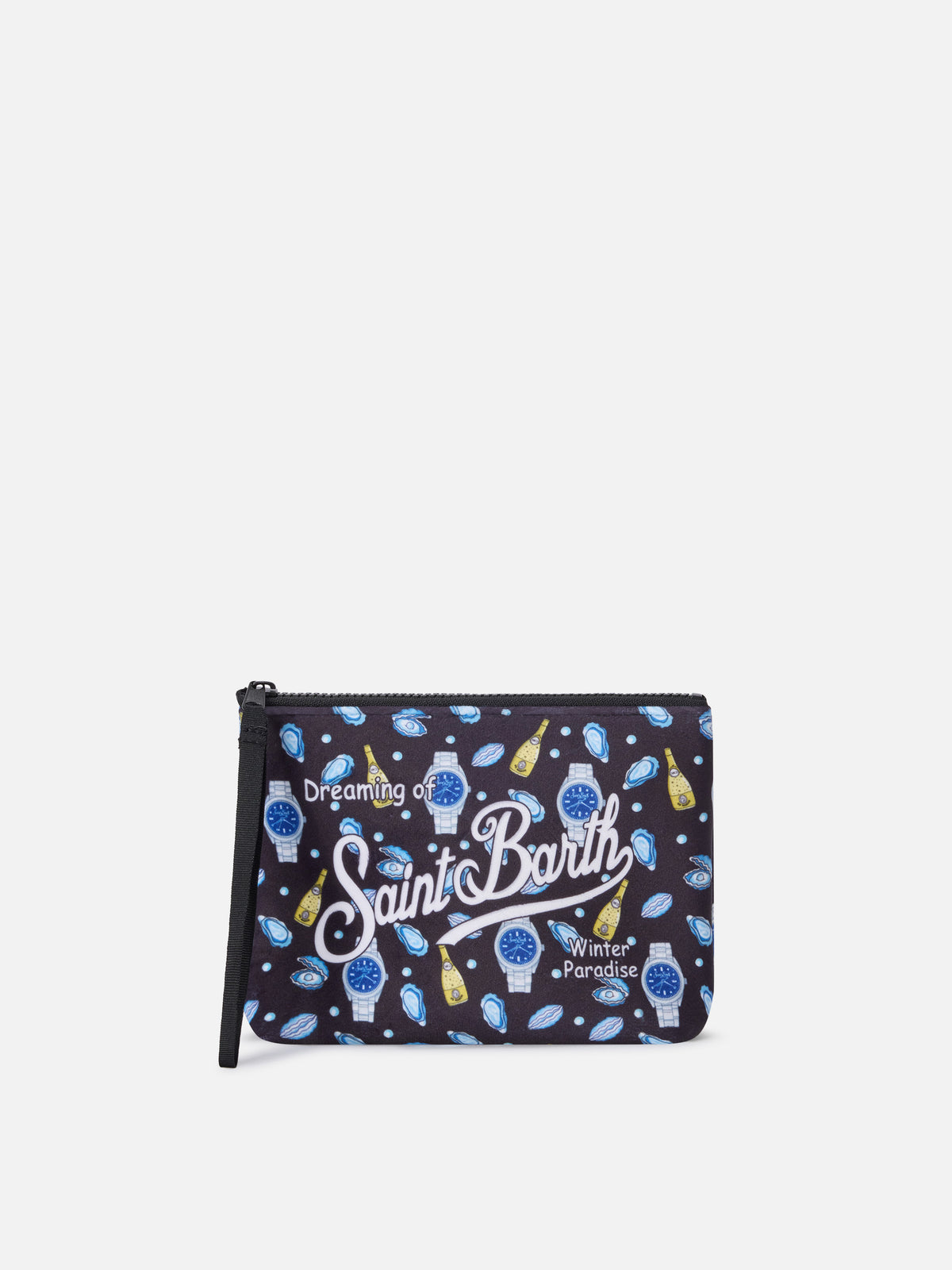 pochette noir Aline avec imprimé huîtres et montres 