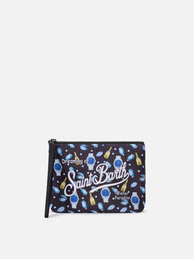 pochette noir Aline avec imprimé huîtres et montres 