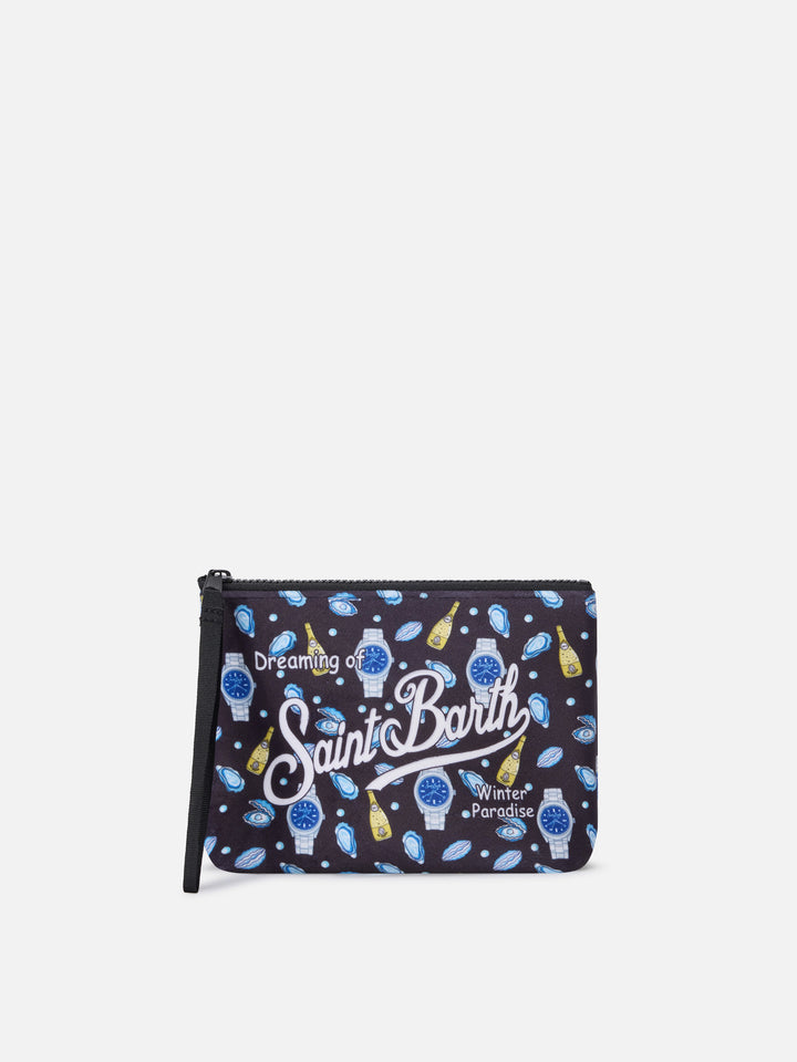 Schwarzer Aline pochette mit Austern- und Uhren-Print 