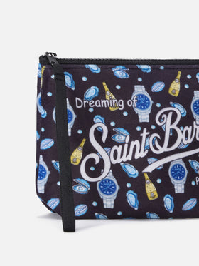 pochette noir Aline avec imprimé huîtres et montres 