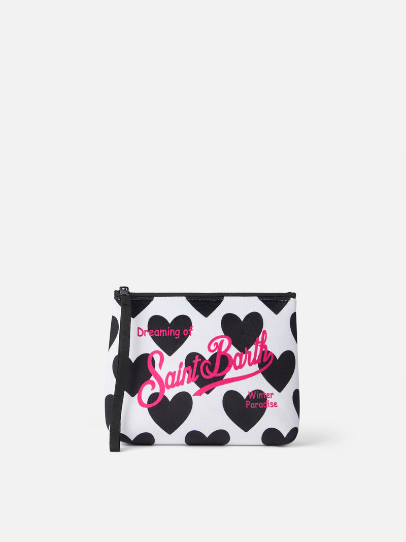 Cremefarbene Wollpochette Aline mit Herz-Print