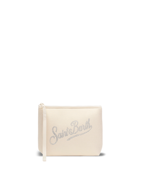 Pochette beige laminato Aline con logo in strass