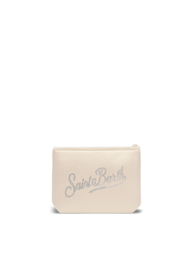 Pochette beige laminato Aline con logo in strass