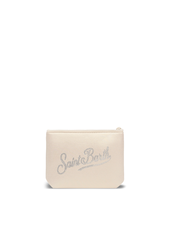 Pochette beige laminato Aline con logo in strass