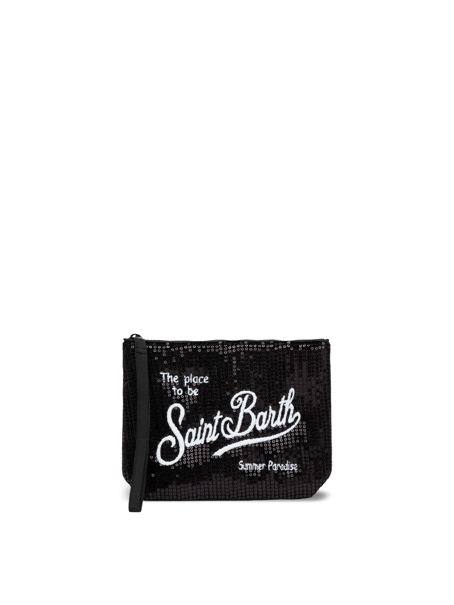 Pochette Aline nera con paillettes e logo ricamato