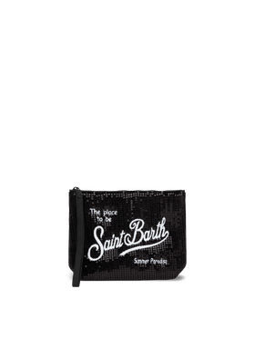 Pochette Aline nera con paillettes e logo ricamato