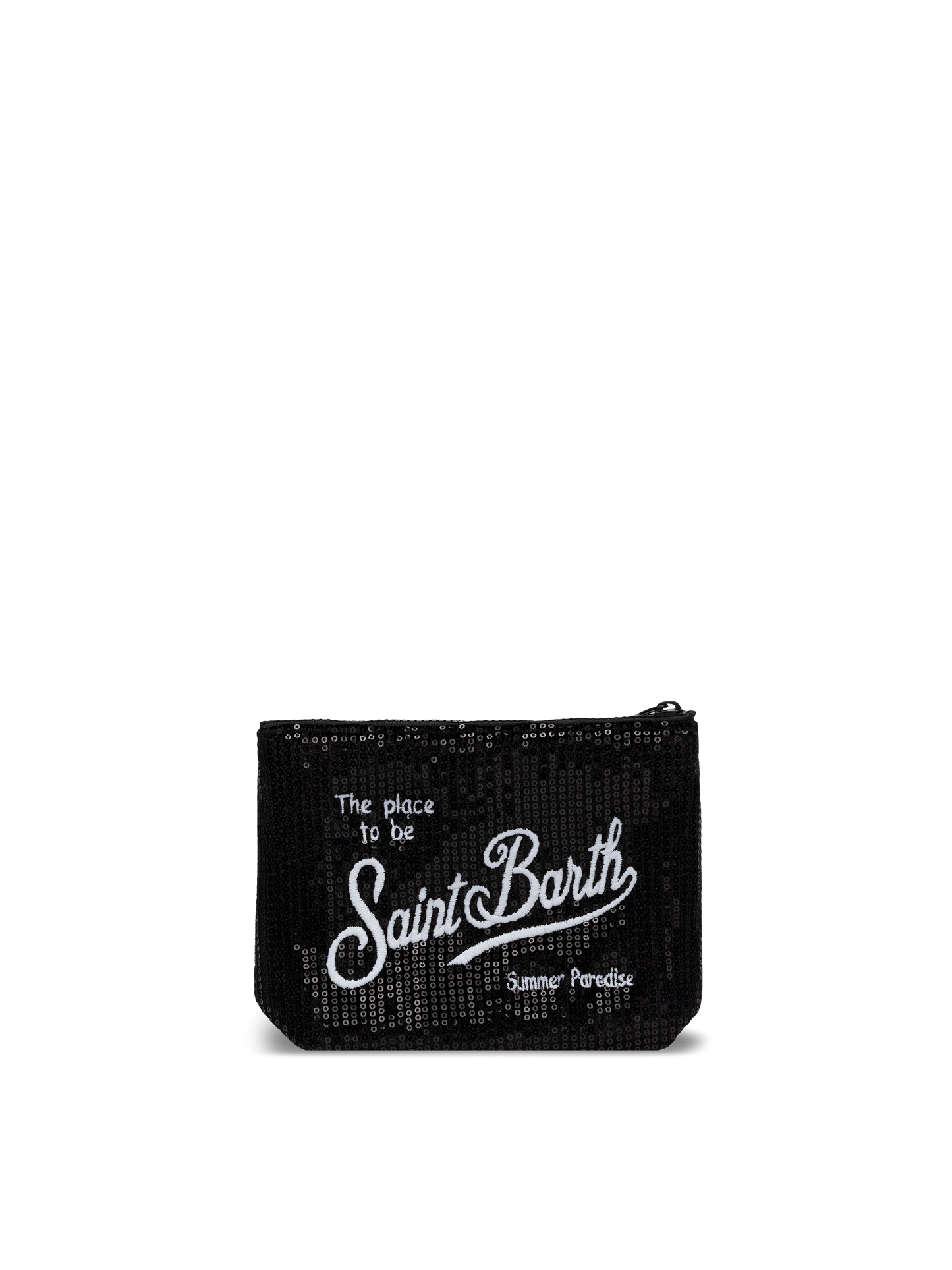 Pochette Aline nera con paillettes e logo ricamato