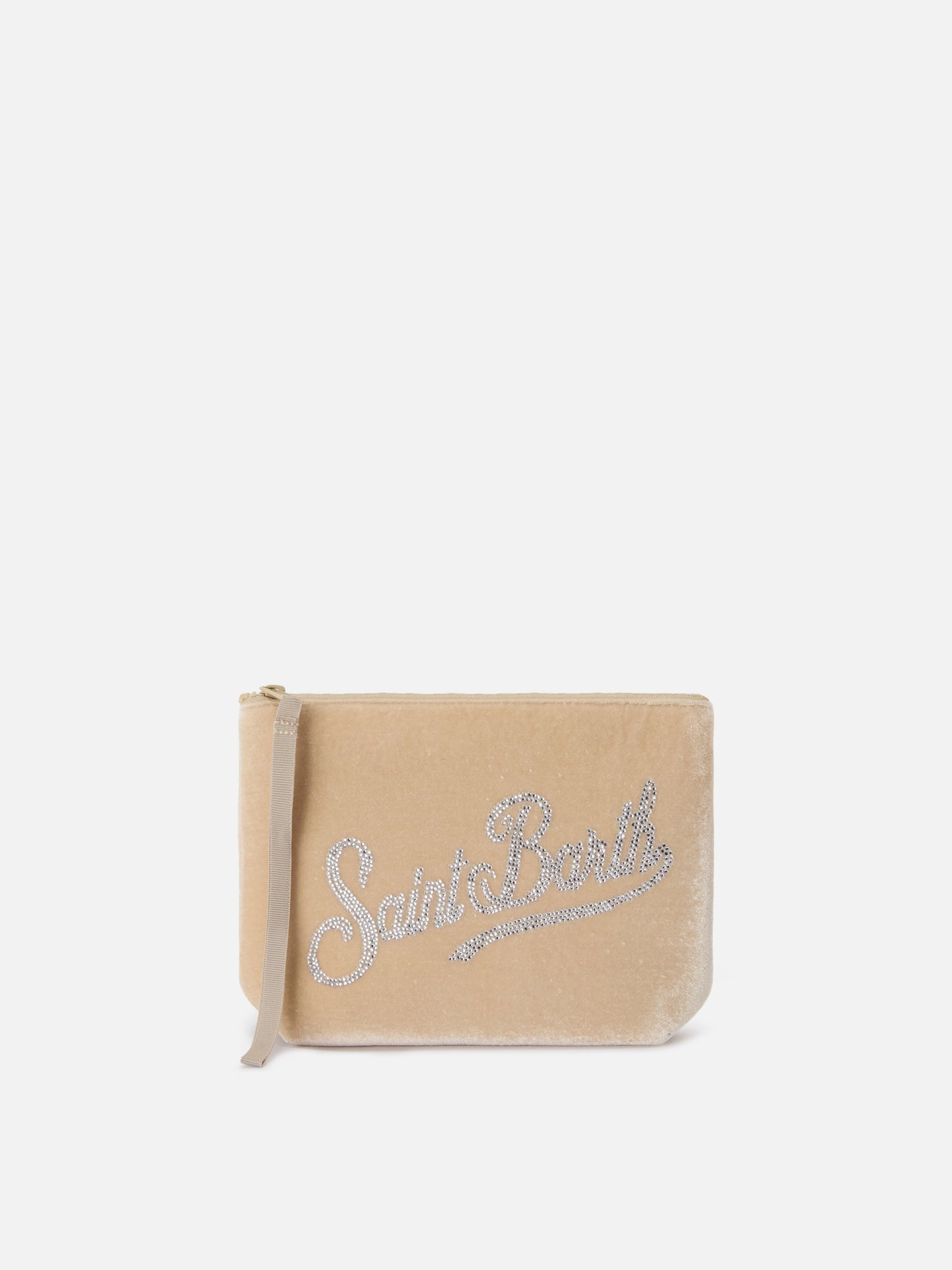 Aline beige velvet-effect scuba pouch with rhinestone logo
