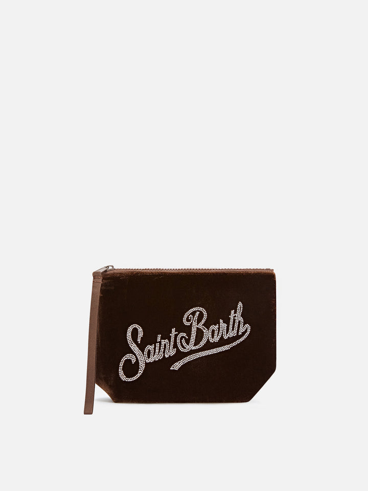 Aline en velours bronze pochette avec logo en strass 