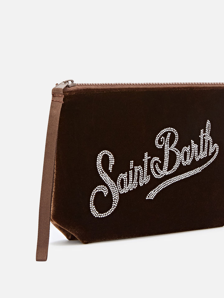 Aline en velours bronze pochette avec logo en strass 