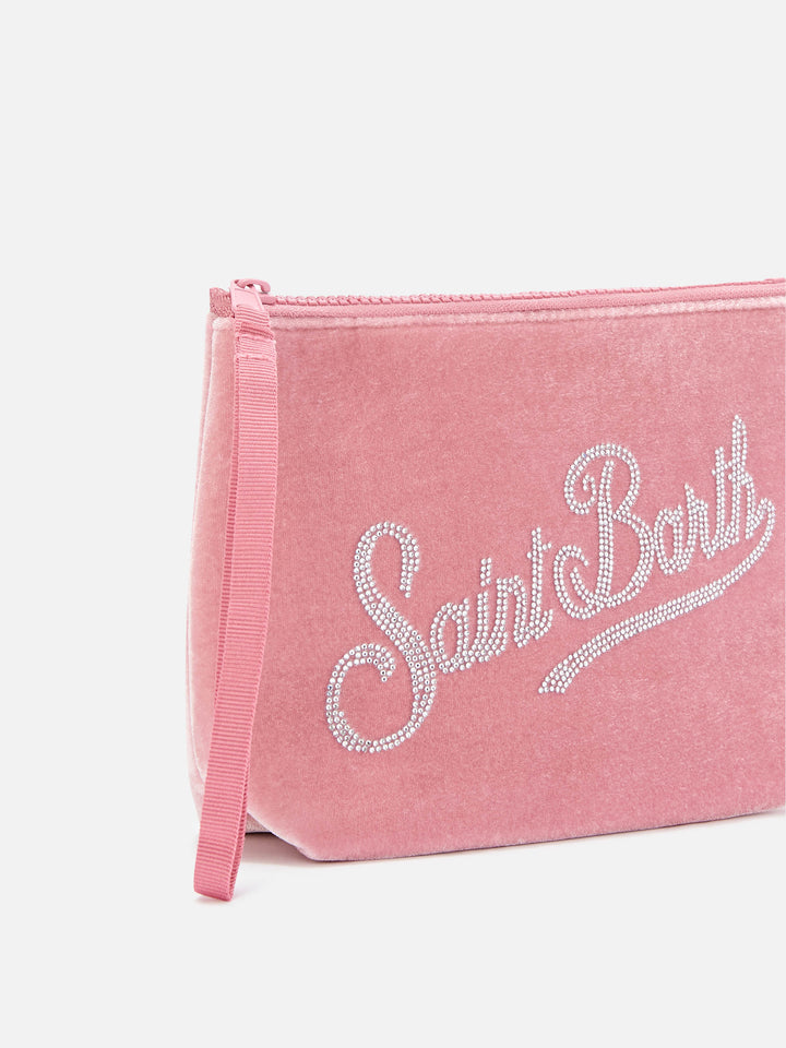 pochette en velours rose Aline avec logo en strass 