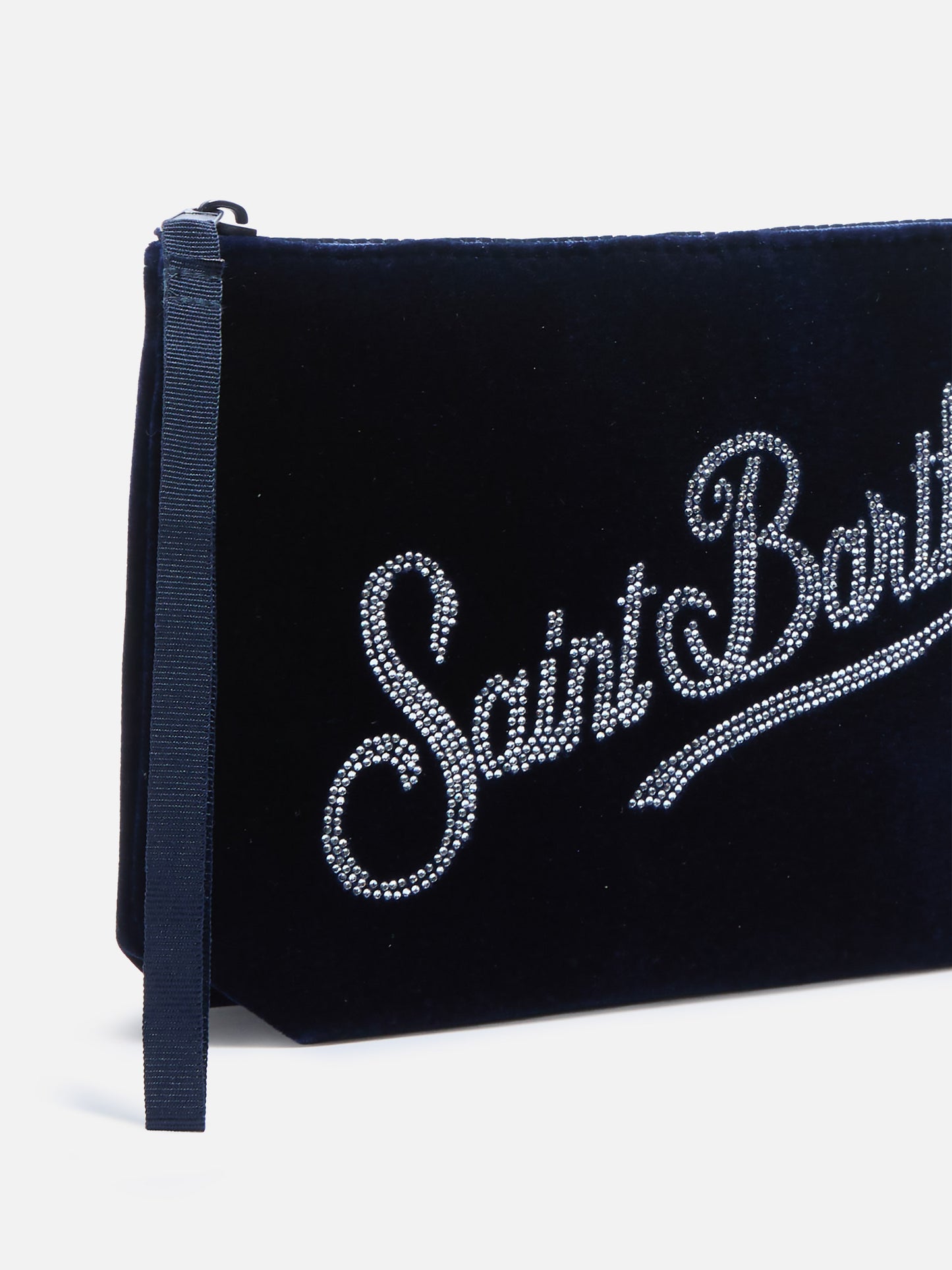 Aline blue velvet-effect scuba pouch with rhinestone logo