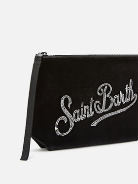 Aline en velours noir pochette avec logo en strass 