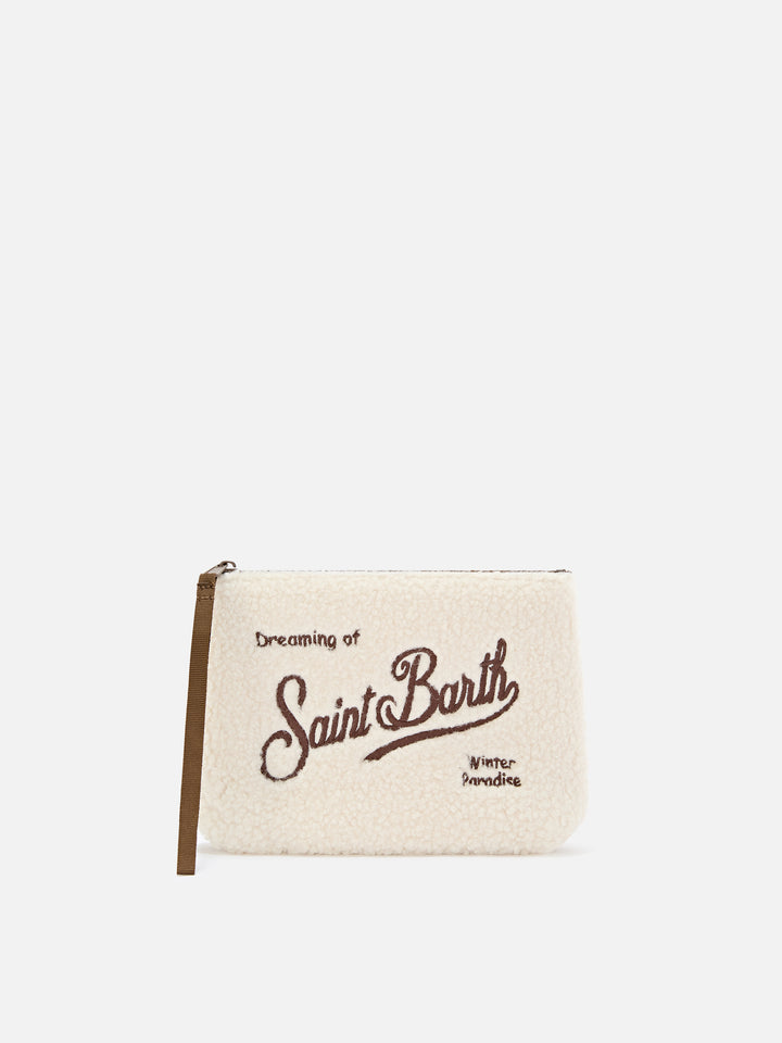Pochette Aline beige in tessuto teddy con ricamo logo marrone