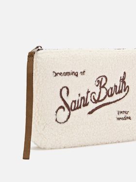 Beige Aline teddy pochette with brown logo embroidery