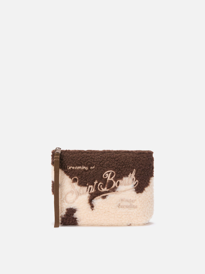 Aline Teddy Pouch in cow-print sherpa