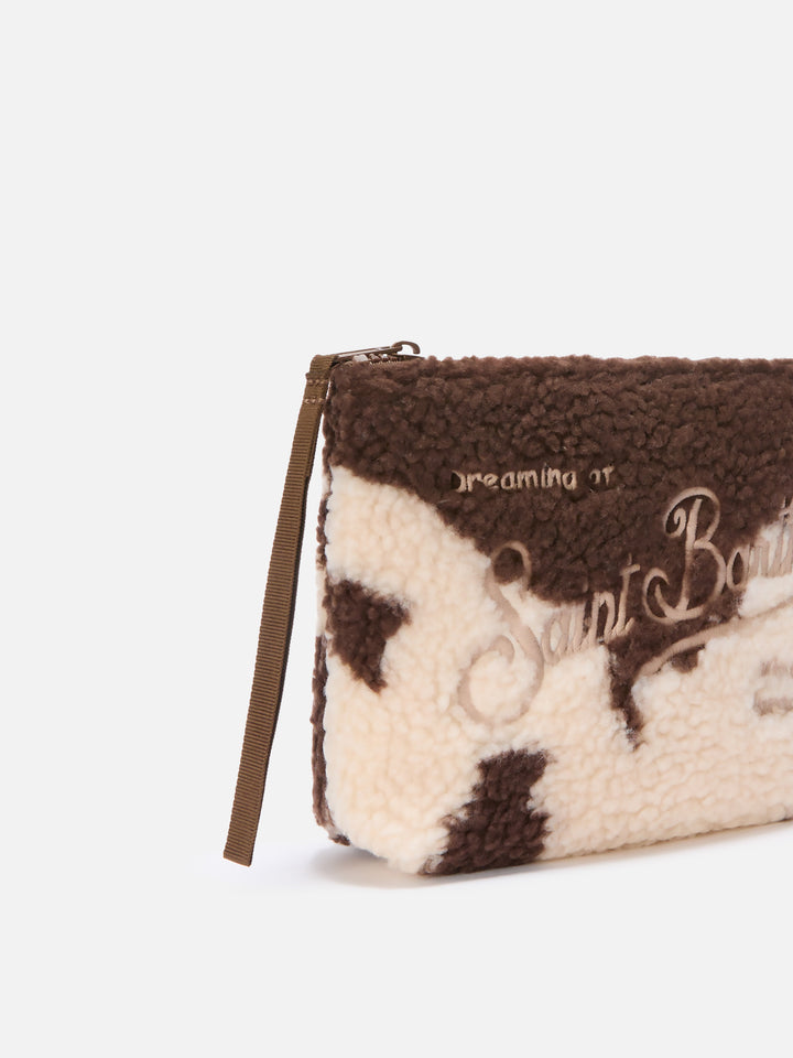 Aline Teddy Pouch in cow-print sherpa