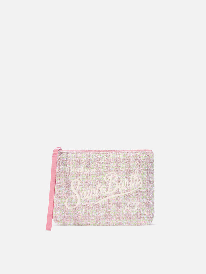 Cardigan en tweed rose Aline pochette avec broderie logo en lurex 