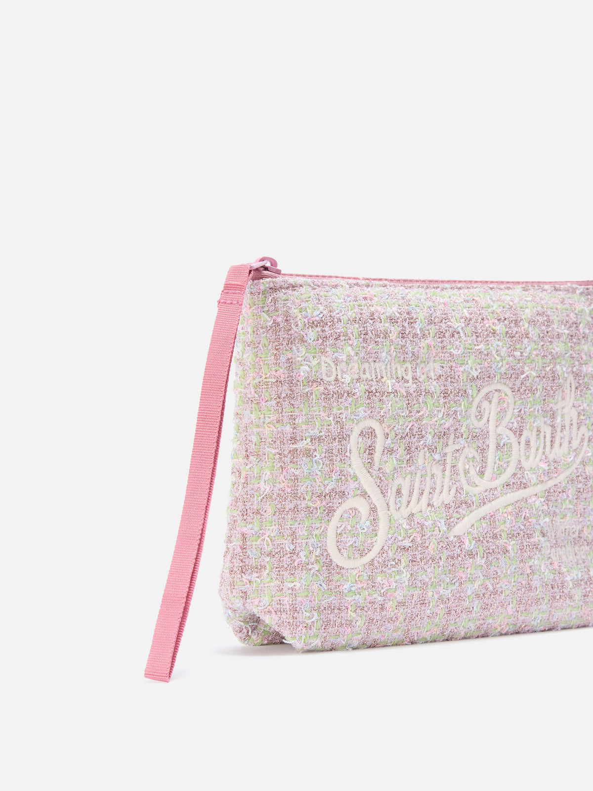 pochette de tweed rosa Aline con bordado de logo en lúrex 