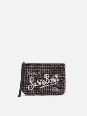 pochette de tweed negro Aline con bordado del logo 