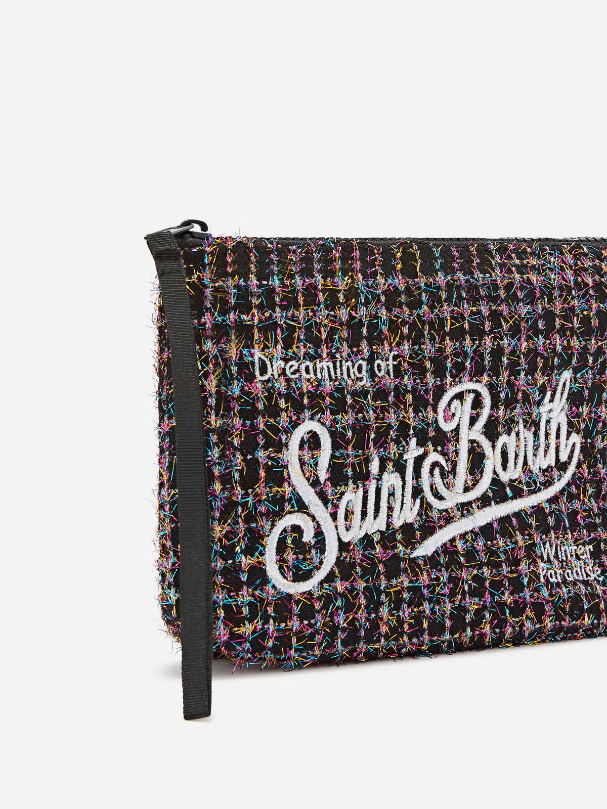 pochette de tweed negro Aline con bordado del logo 