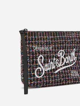 pochette de tweed negro Aline con bordado del logo 
