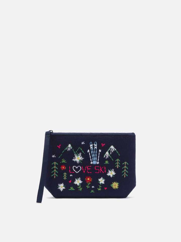 Marineblauer blue Aline-Filz pochette mit gestickten Blumen und Herzen 