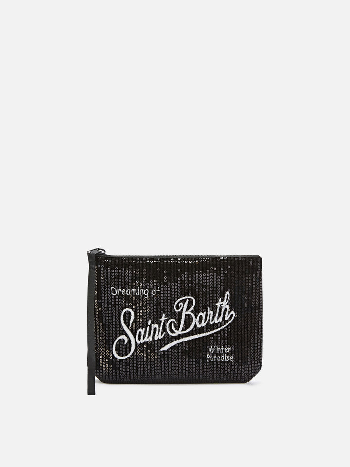 Aline en velours noir pochette avec sequins et broderie logo 