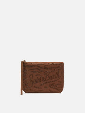 Aline scuba brown pouch with zebra print and applied rhinestones