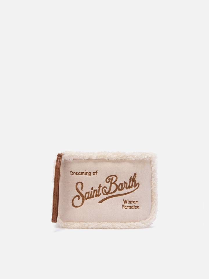 Fausse peau lainée pochette blanc cassé Aline avec broderie logo 
