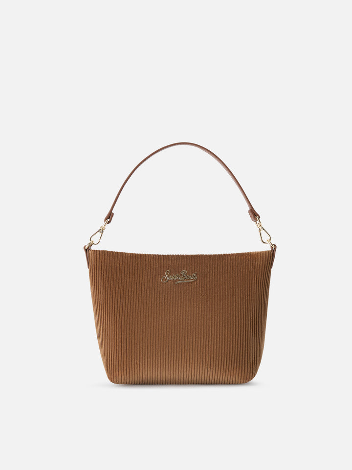 Sac à bandoulière en velours Aline marron avec anses en cuir 