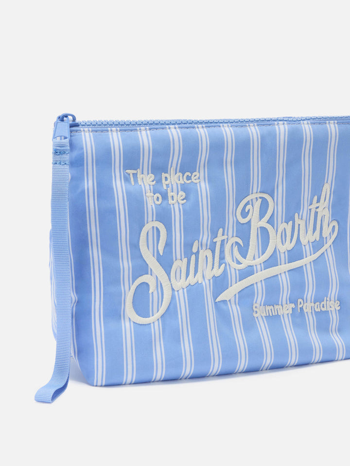 Aline light blue and white wide striped cotton pouch