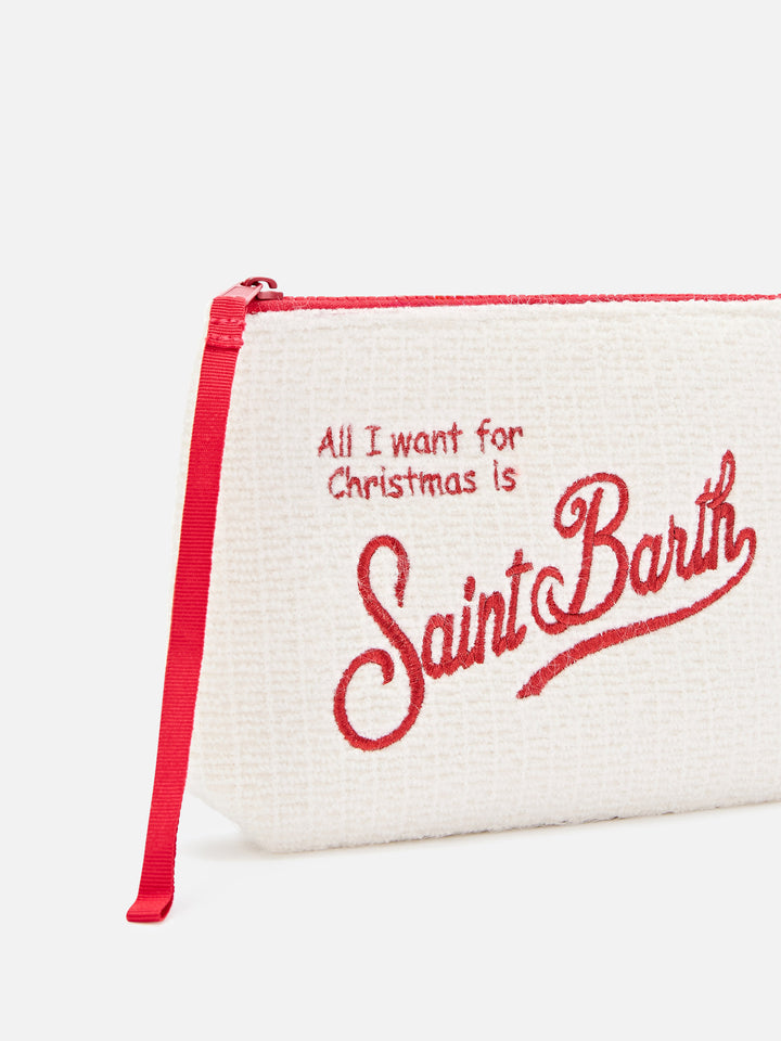 Cardigan tricot Aline off white pochette avec broderie Merry Christmas 