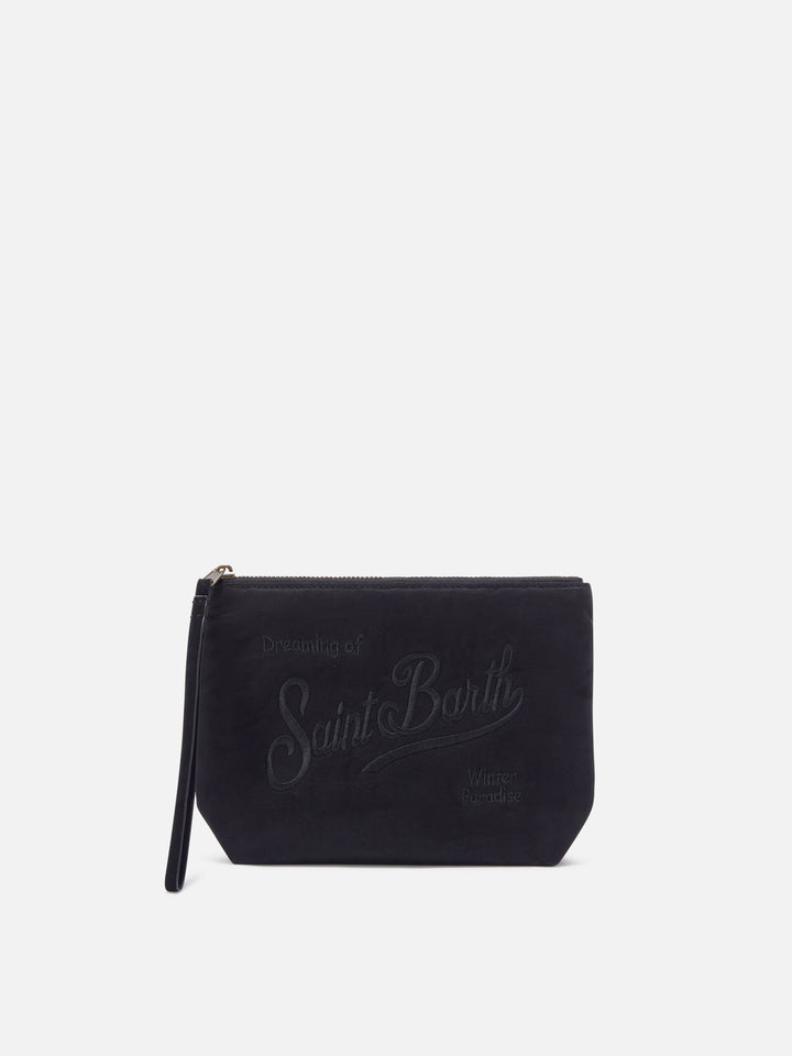 Aline encerado negro pochette con bordado del logo 