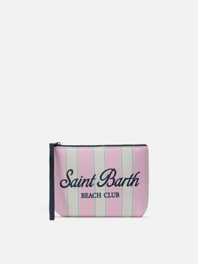 Aline scuba pouch with pink and green striped print and Beach Club logo