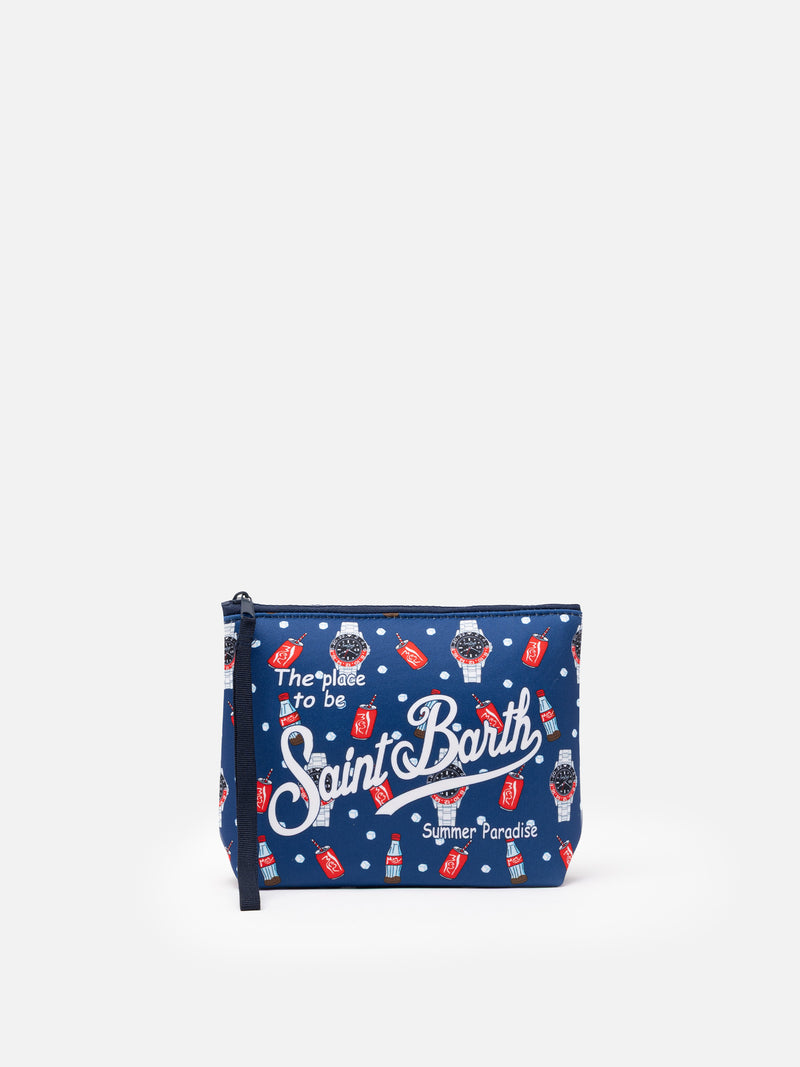 Aline Scuba-Pochette mit Uhren- und Cola-Print