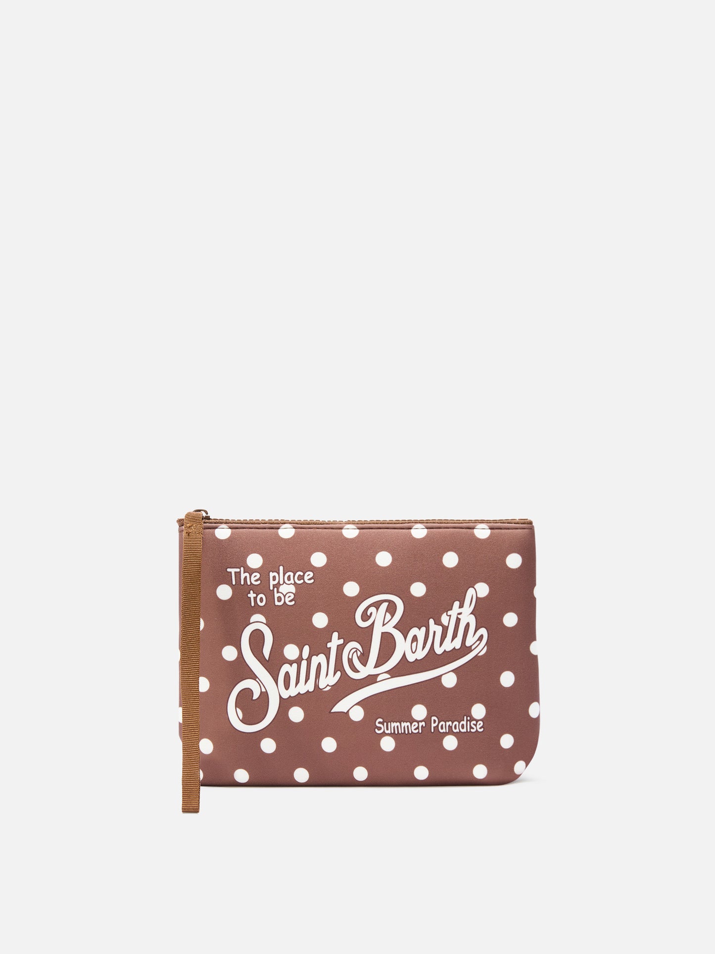 Brown Aline scuba pouch with polka dot print