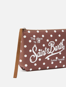 Brown Aline scuba pouch with polka dot print