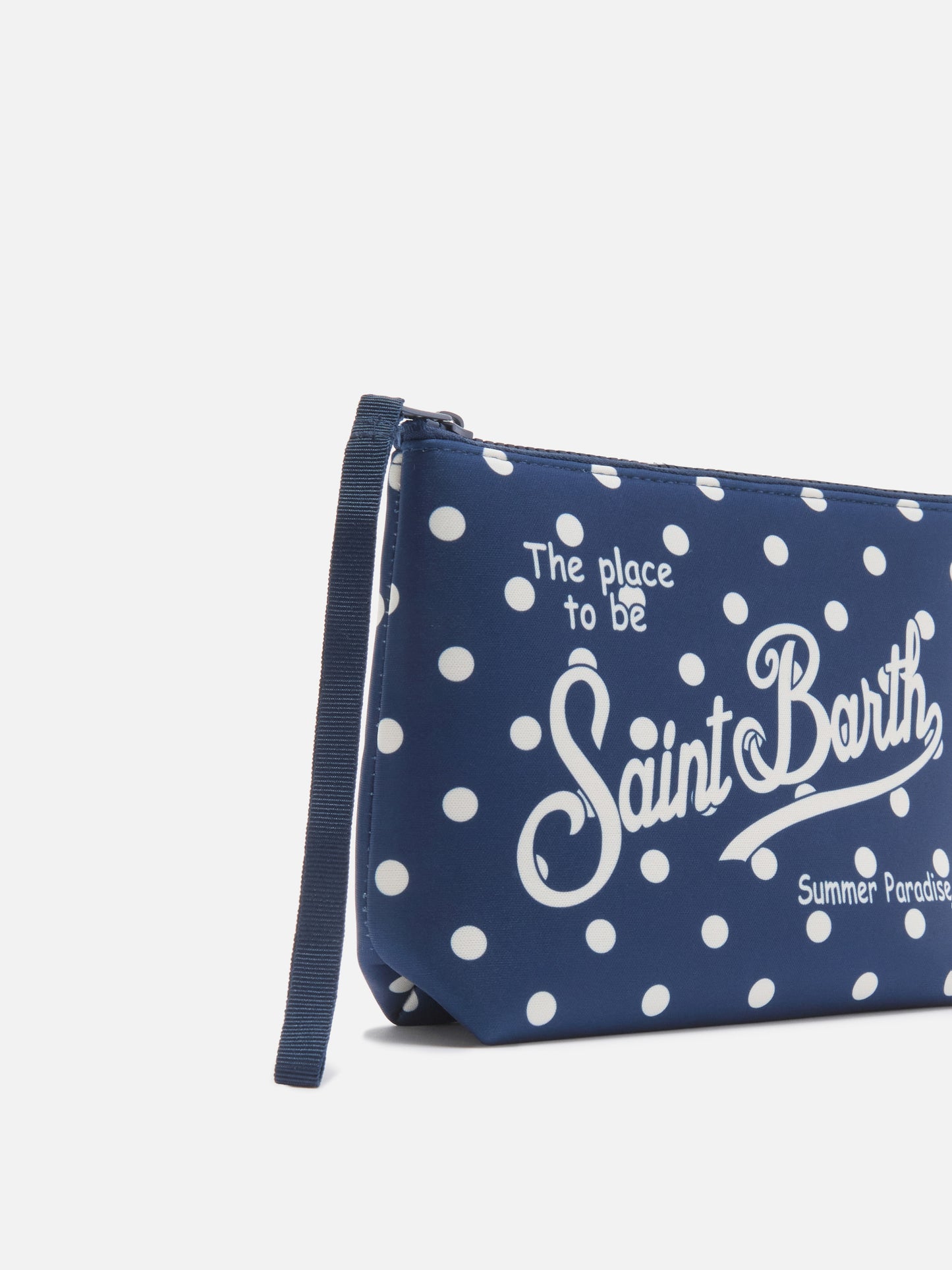 Aline scuba pouch with blue polka dot print
