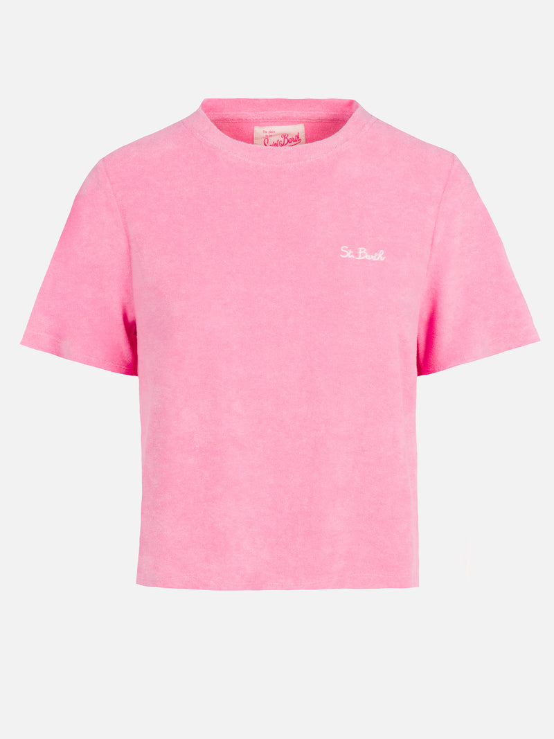 T-shirt da donna rosa girocollo in spugna di cotone Emilie