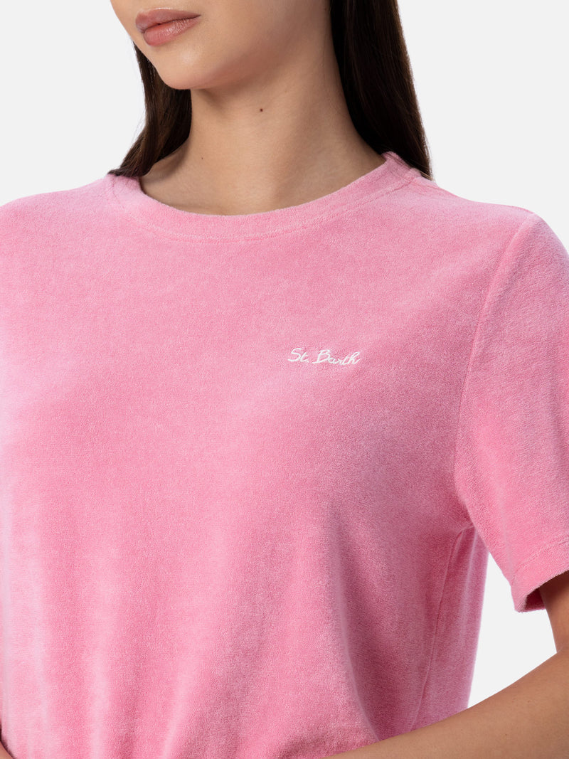 Rosa T-Shirt mit Rundhalsausschnitt aus Frottee-Baumwolle für Damen Aleja