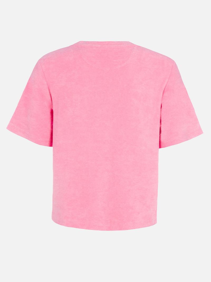 Rosa T-Shirt mit Rundhalsausschnitt aus Frottee-Baumwolle für Damen Aleja