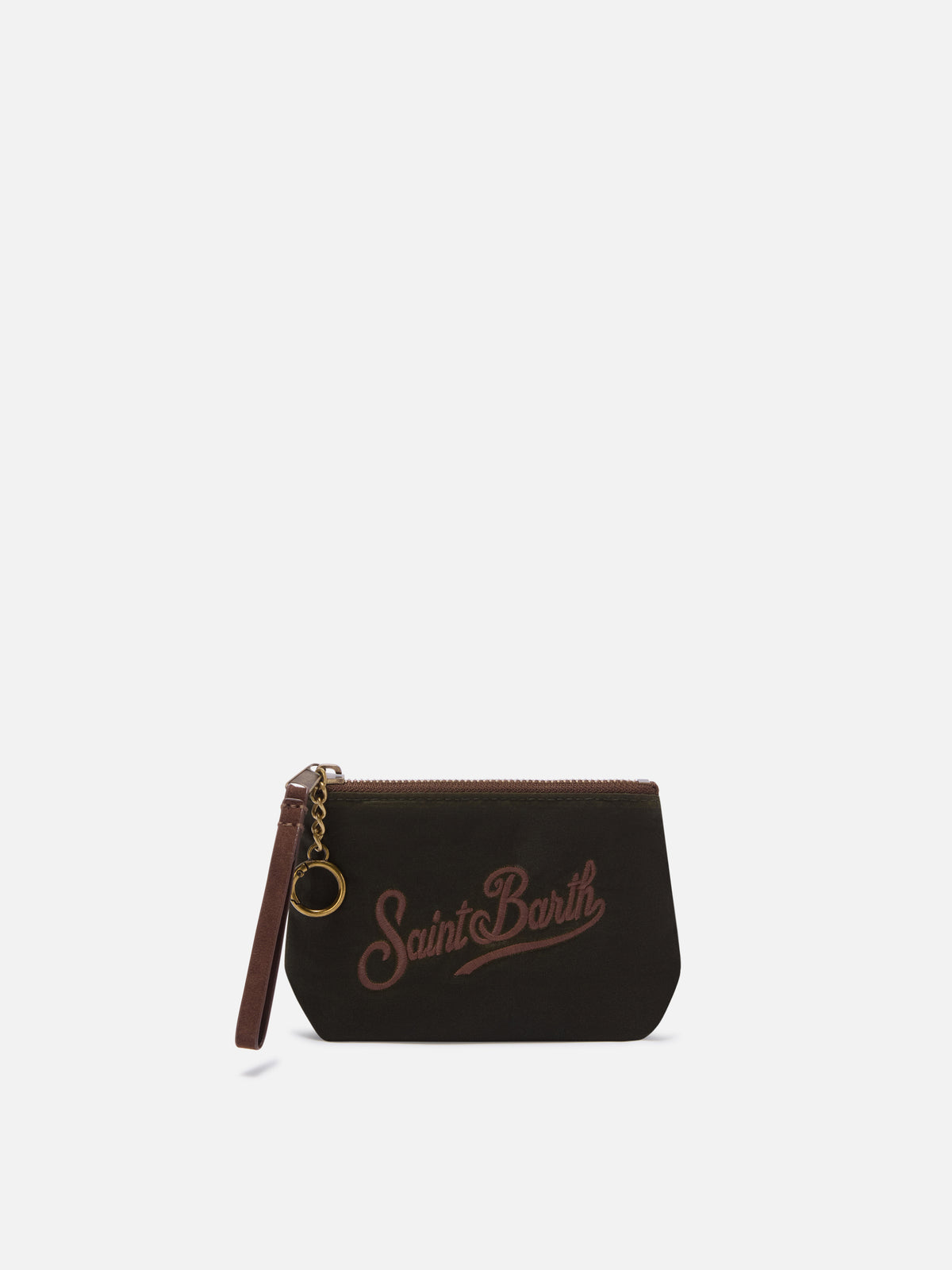 Mini Aline encerado color verde militar pouch con bordado del logotipo 