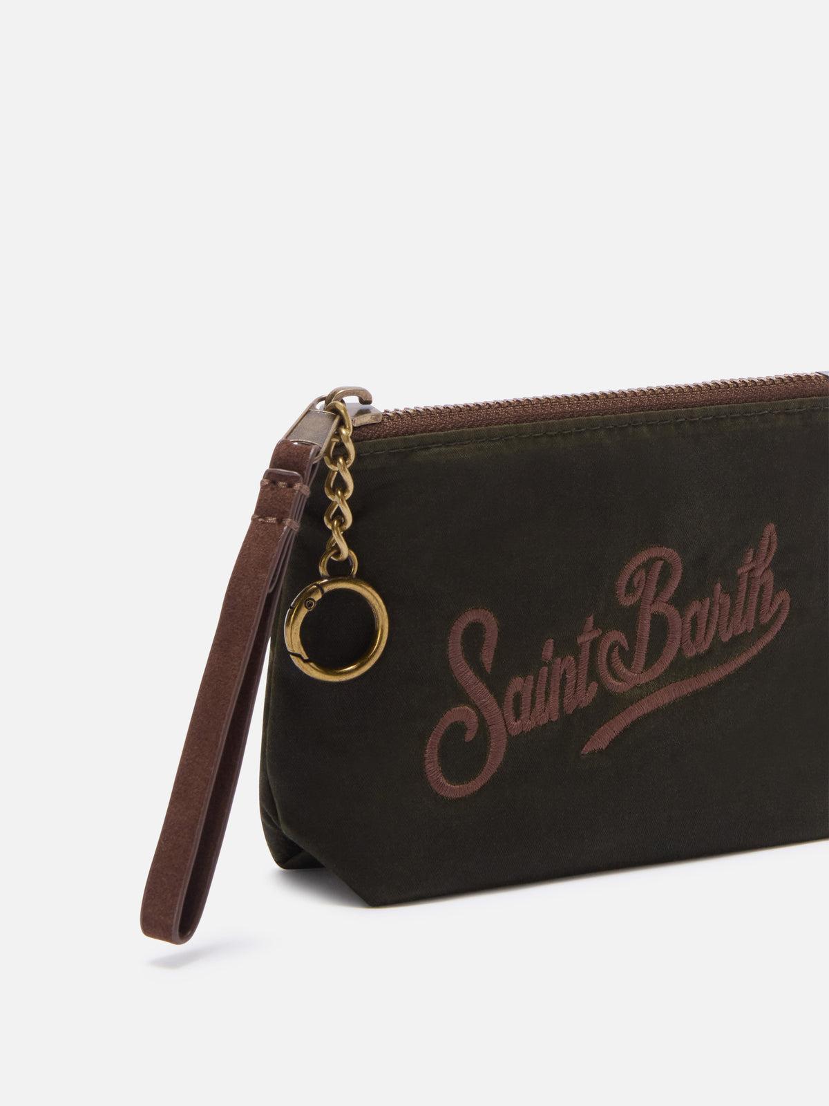 Mini Aline encerado color verde militar pouch con bordado del logotipo 
