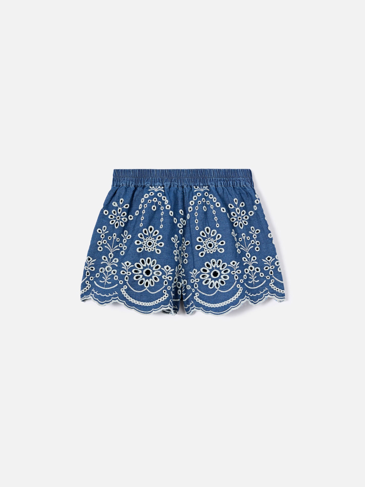 Short Amani Jr in chambray effetto denim con ricamo sangallo