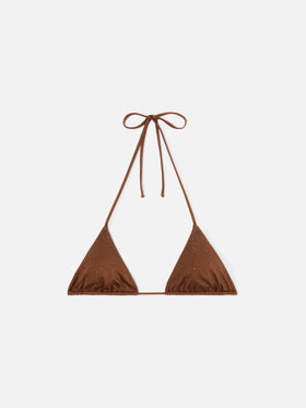 Top bikini Annabelle triangolo marrone con dettagli strass applicati